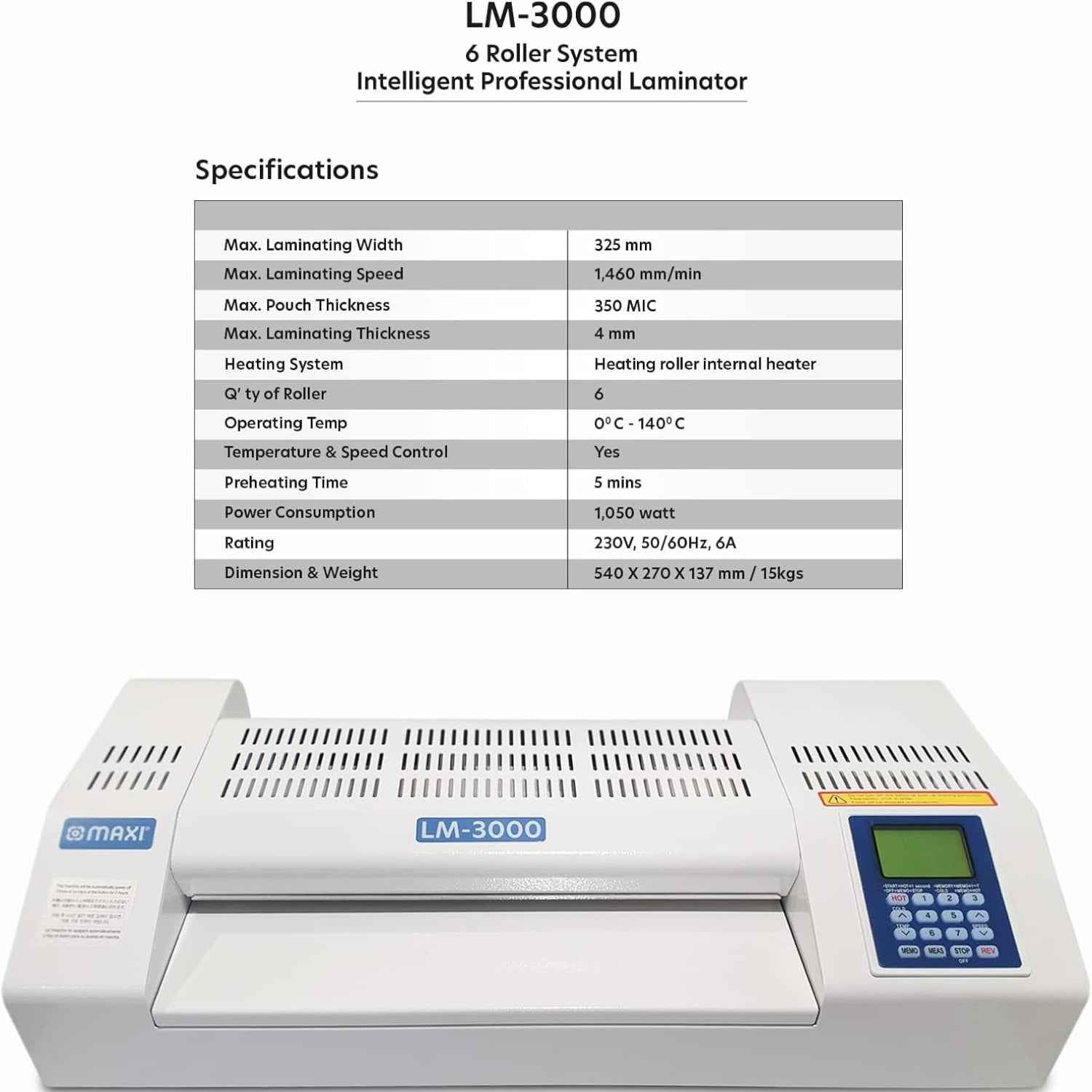 MAXI A3 Auto Feeder Laminator – 6 Roller System, High-Speed Professional Lamination, 80–350 Microns, Heavy-Duty Commercial Use | MX-LM3000