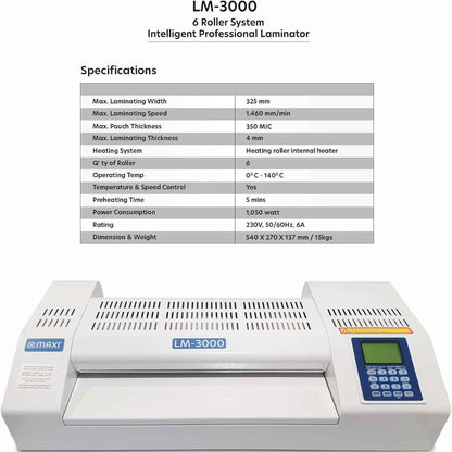 MAXI A3 Auto Feeder Laminator – 6 Roller System, High-Speed Professional Lamination, 80–350 Microns, Heavy-Duty Commercial Use | MX-LM3000
