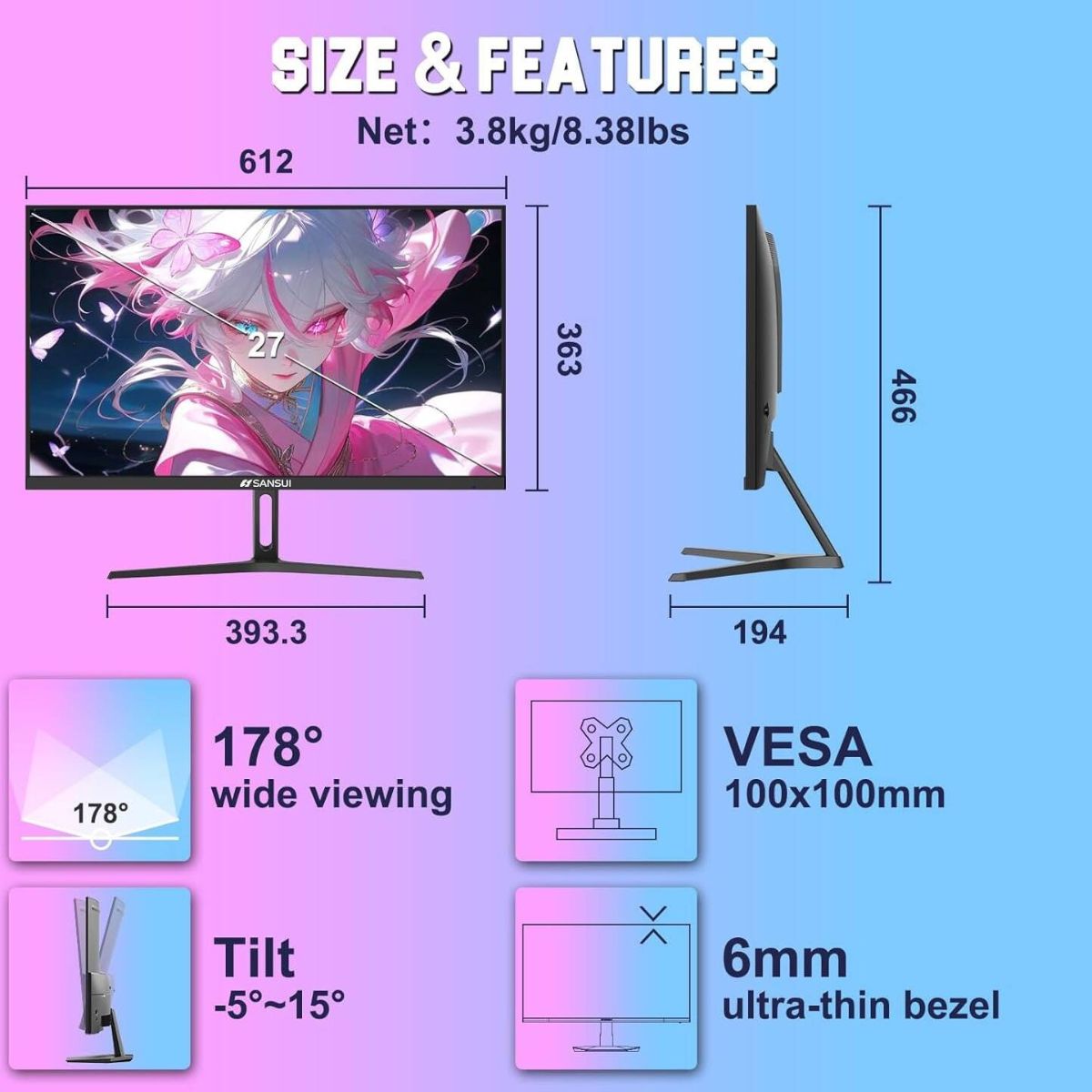 Sansui F6 PRO 27" QHD Gaming Monitor – 260Hz, 1ms (MPRT), Fast IPS, FreeSync Premium, HDR (ESA-G27F6Q PRO)