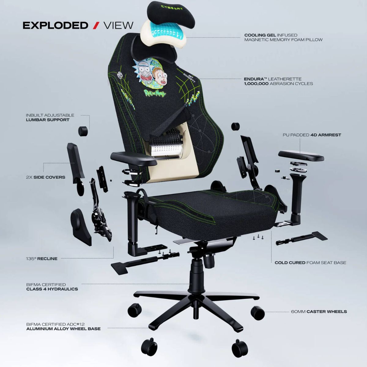 Cybeart Rick and Morty Gaming Chair – Premium APEX 2.0 Licensed, Enduraweave Fabric, 4D Armrests, Adjustable Lumbar (Black/Green)