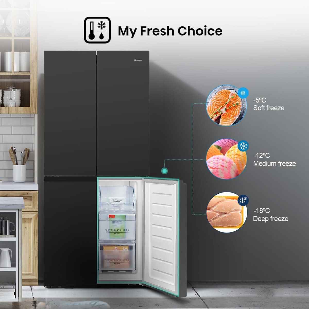 Hisense 561L Side-by-Side Cross Door Refrigerator, RQ561N4AB1 - Black - Dual-Tech Cooling, WIFI-Mode, Inverter Compressor, Multi Air Flow