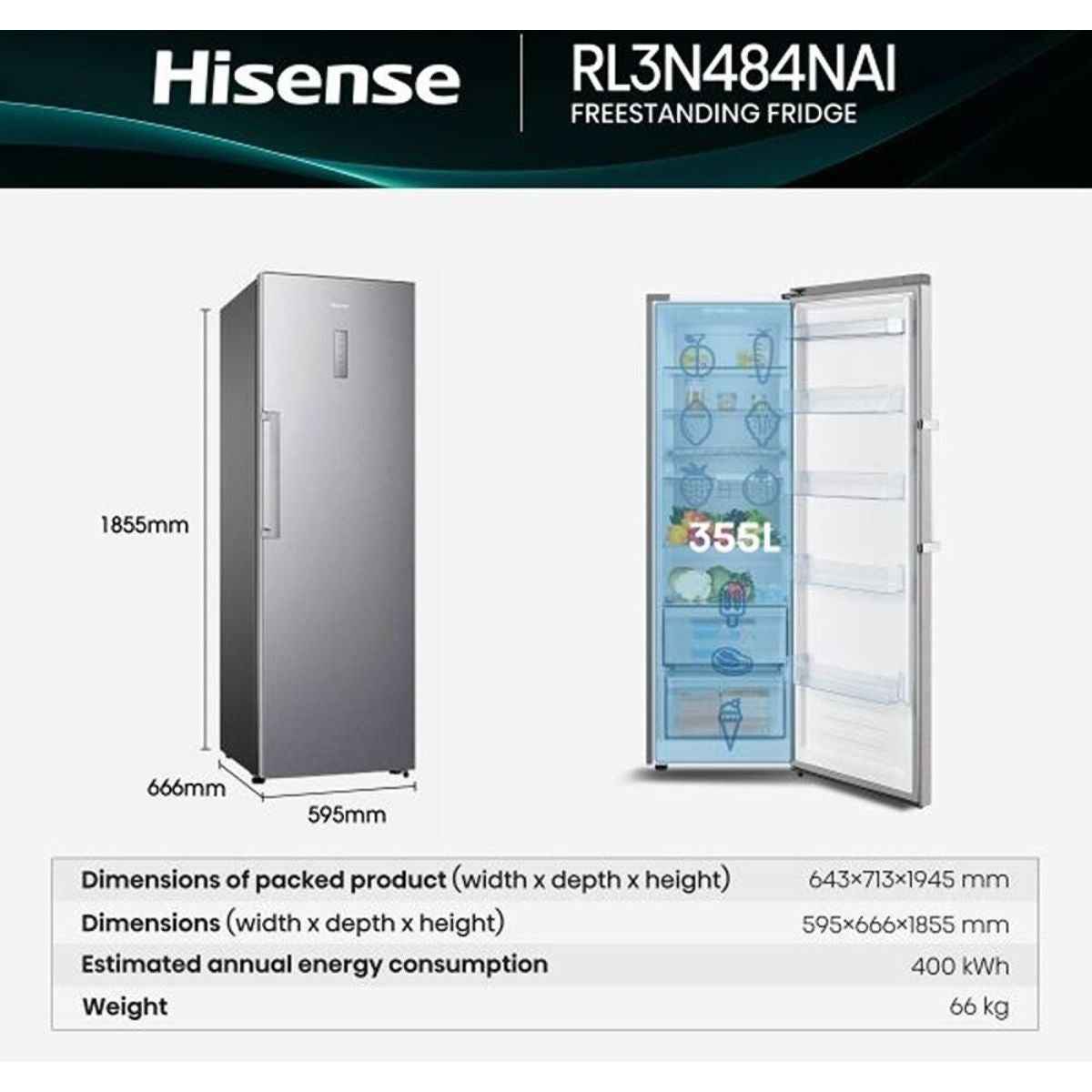Hisense 355L Upright Fridge- RL3N484NAI, Single Door, Total No Frost, Metal Tech Cooling, Multi Air Flow, LED Digital Display, Reversible Door, Low Noise, Energy Efficient, Silver