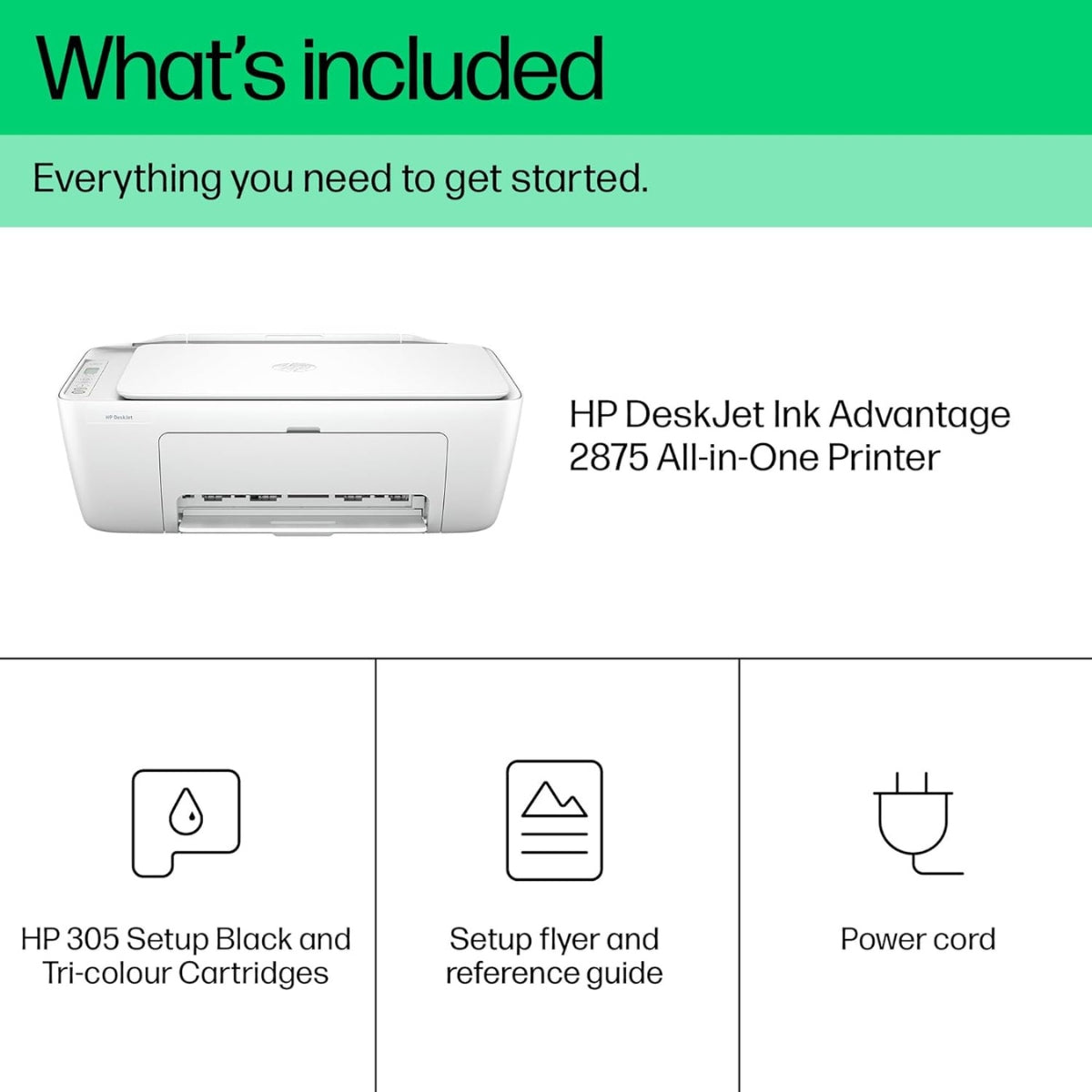 HP DeskJet Ink Advantage 2875 AIO Printer, Print, Copy, Scan, Up to 7.5ppm Print Speed, 1200 x 1200 DPI Print Resolution, Contact Image Sensor Scan Technology, White | 60K47C
