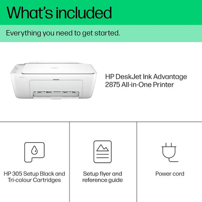 HP DeskJet Ink Advantage 2875 AIO Printer, Print, Copy, Scan, Up to 7.5ppm Print Speed, 1200 x 1200 DPI Print Resolution, Contact Image Sensor Scan Technology, White | 60K47C