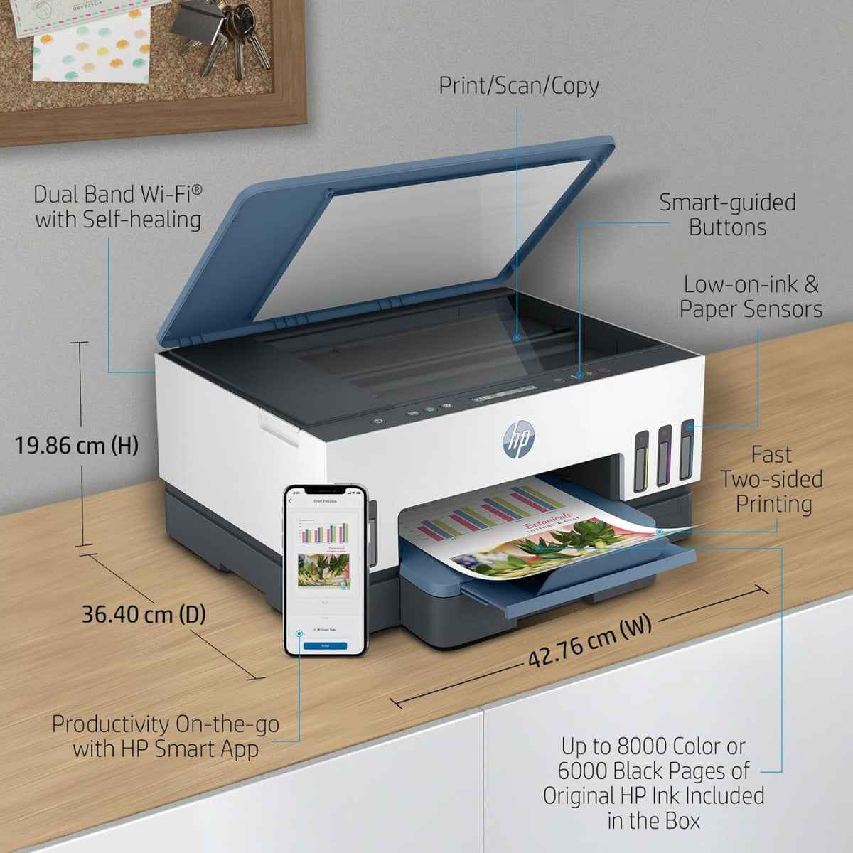 HP Smart Tank 725 All-in-One Printer – Print, Copy, Scan, Wireless &amp; Bluetooth, Up to 15 ppm, 1200 dpi, 250-Sheet Input, WiFi + Bluetooth, White/Blue | 28B51A