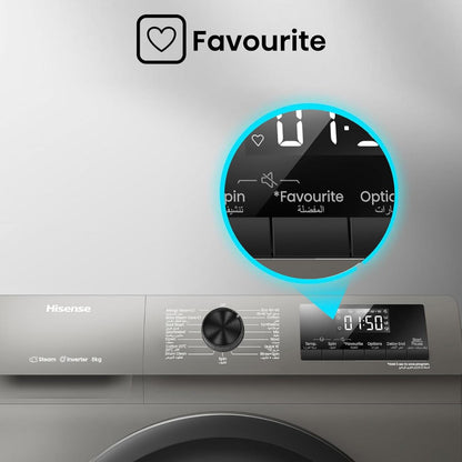 Hisense WFQP8012JTS Front Load Washing Machine, 8kg Capacity, Inverter Motor, 15 Wash Programs, 1200 RPM Spin Speed, Steam Care, White