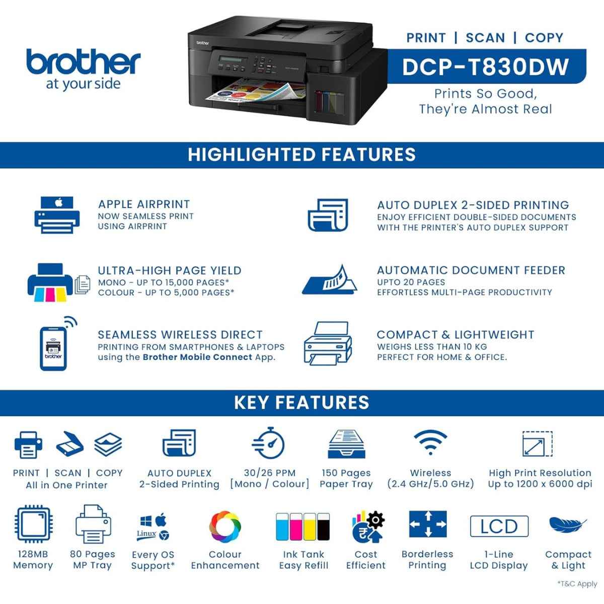 Brother DCP-T830DW Ink Tank  Black Printer, 1200 x 6000 DPI, 17 IPM Print Speed, Auto 2-Sided Duplex Printing, 20 Sheets Auto-Document Feeder, WiFi, WiFi-Direct, USB 2.0, LAN