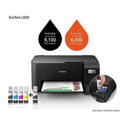 EPSON EcoTank L3250 A4 Color 3-in-1 Printer, With Wi-fi Direct, 5760 x 1440 DPI Resolution, 33ppm Print Speed, 30 Sheets Output Tray, 100 Sheets Paper Tray, Black- C11CJ67418