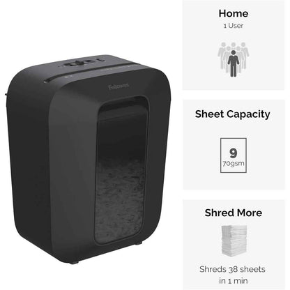 Fellowes Light Duty Cross Cut Shredder, Patented Safety Lock, Shreds 9 Sheets Per Pass, 4.4 Gallon Bin, Medium Use, Quiet Operation, Can Shred Staples / Credit Cards / Paper Clips, Black | LX50