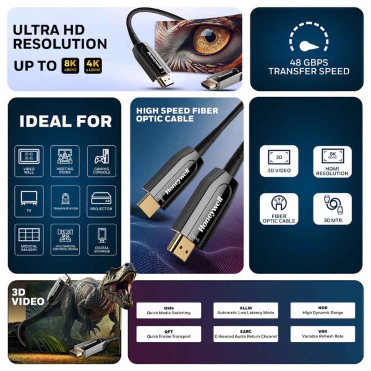 Honeywell HDMI AOC 2.1 Complaint 30M/50M, 48GBPS, Supports UHD Resolution of 8K@60Hz, Male-to-Male, High-Speed Fiber Optics Cable, Compatible with TV, Gaming Console, etc.