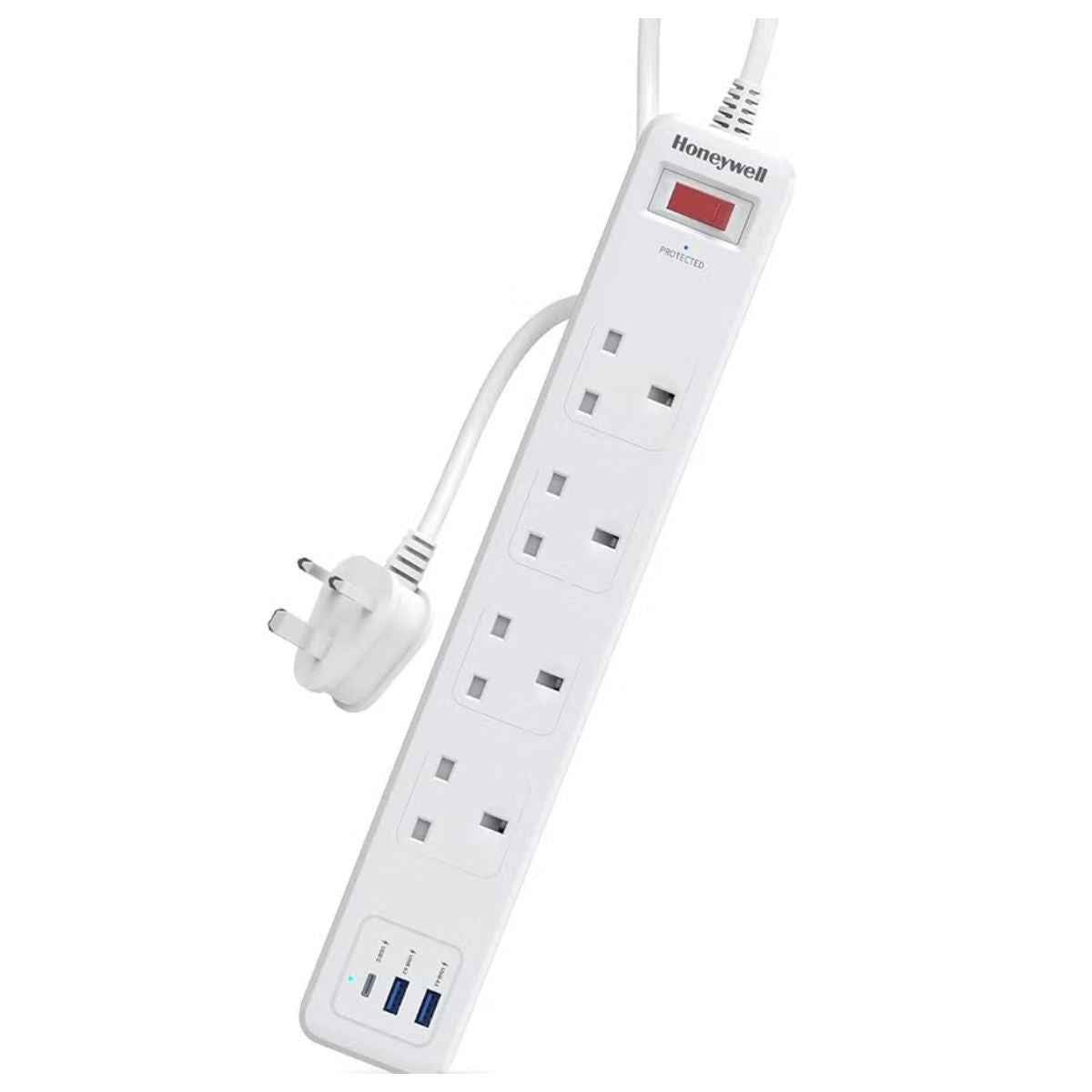 Honeywell Surge Protector - 4 Universal Sockets, 1xPD 20W & 2xUSB, 1.8 Meter Cord, White
