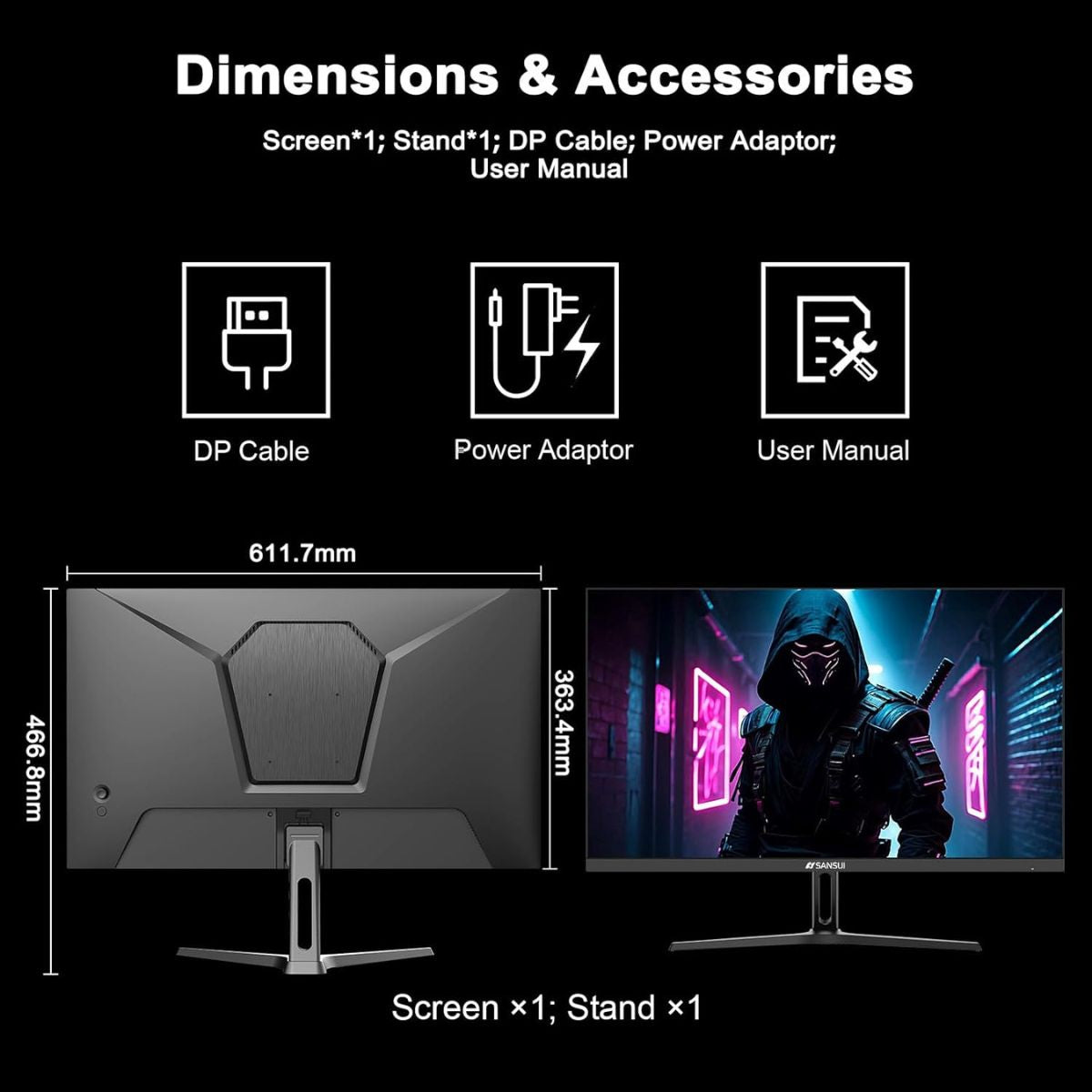 SANSUI ES-G27F2 27" FHD Gaming Monitor – 165Hz, 1ms, IPS, Adaptive Sync, HDMI 2.0 &amp; DP 1.4 (Black)