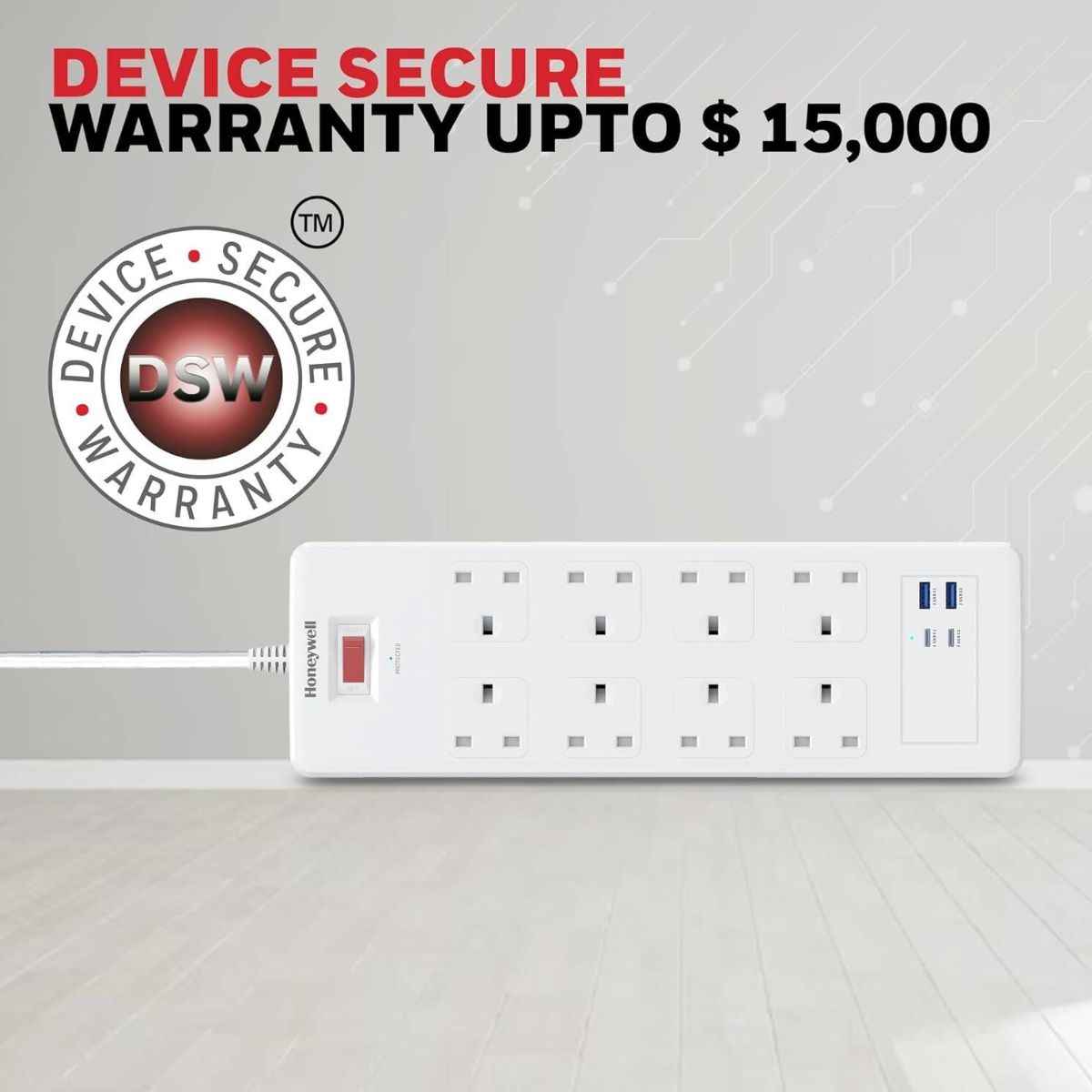 Honeywell Surge Protector - 8 Universal Sockets, 2xPD 20W & 2xUSB, 1.8 Meter Cord, White