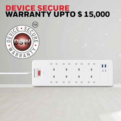 Honeywell Surge Protector - 8 Universal Sockets, 2xPD 20W & 2xUSB, 1.8 Meter Cord, White