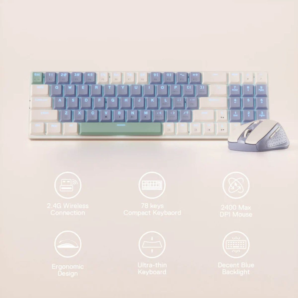 Redragon BS-8772 Keyboard + Mouse Combo, 94 Key, Low Profile, English Layout, 2.4GHz Adapter Interface, Wireless Connectivity, Numeric Keys | BS-8772