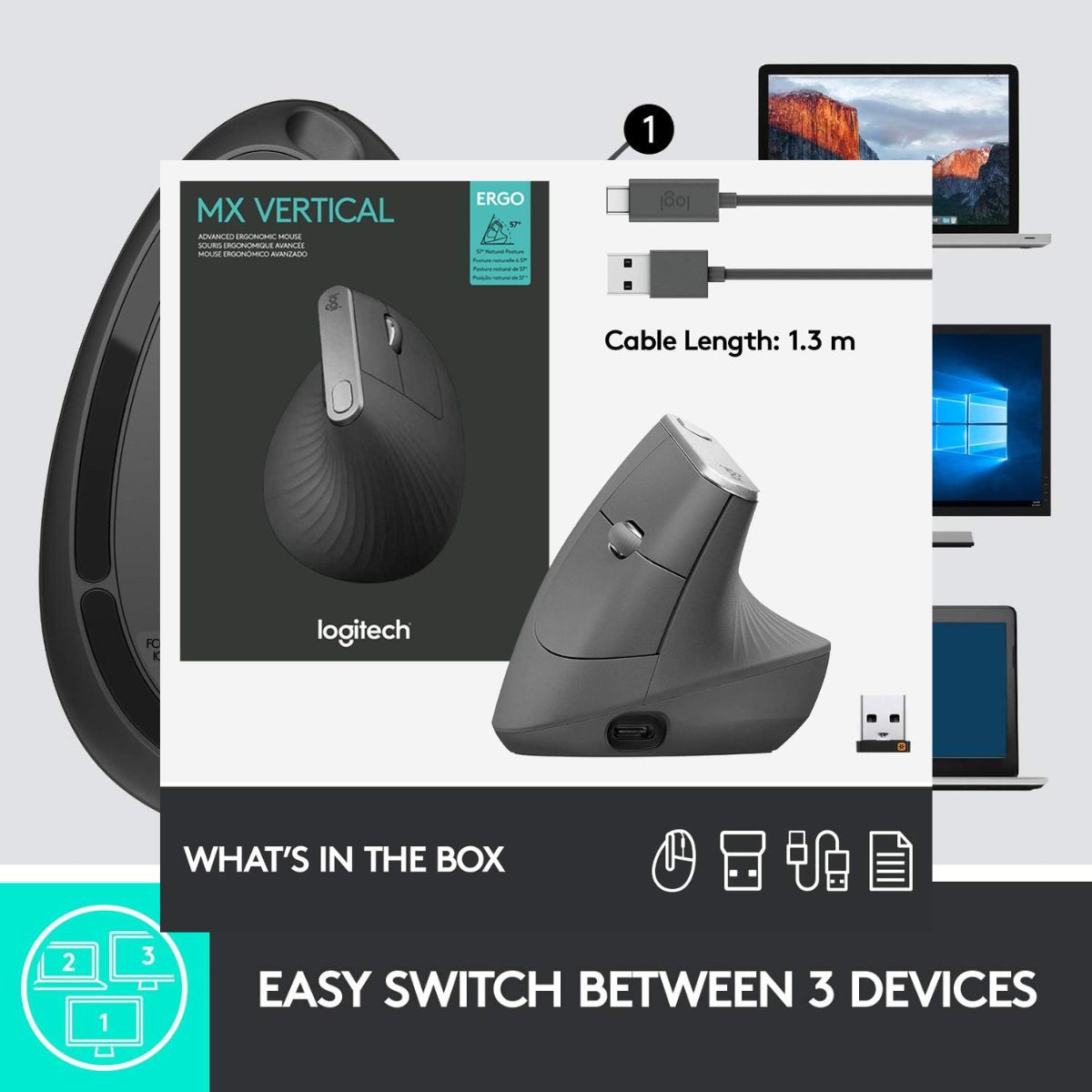Logitech MX Vertical Advanced Ergonomic Mouse, Wired & Wireless Bluetooth Connectivity, Advanced Optical Tracking, Natural Handshake Position, Black | 910-005448 / 910-005447 (Unit with Box)