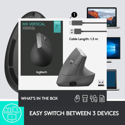 Logitech MX Vertical Advanced Ergonomic Mouse, Wired & Wireless Bluetooth Connectivity, Advanced Optical Tracking, Natural Handshake Position, Black | 910-005448 / 910-005447 (Unit with Box)