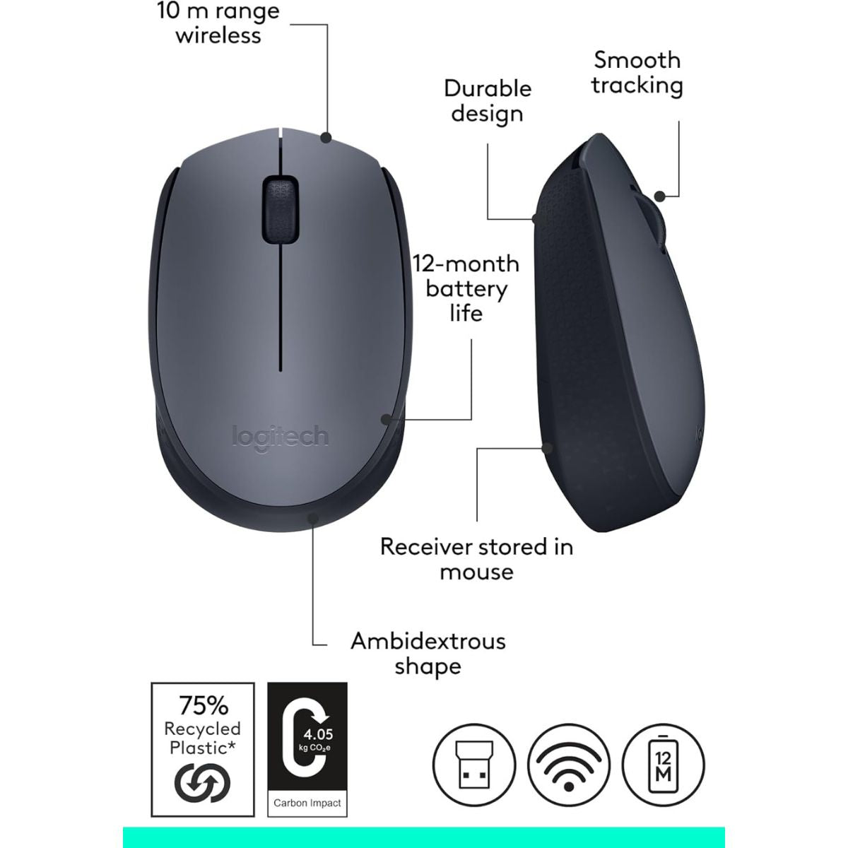 Logitech M170 Wireless USB Mouse | 2.4GHz Wireless Technology | Optical Tracking | Up to 10m Wireless Range | Gray | 910-004642