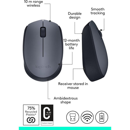 Logitech M170 Wireless USB Mouse | 2.4GHz Wireless Technology | Optical Tracking | Up to 10m Wireless Range | Gray | 910-004642
