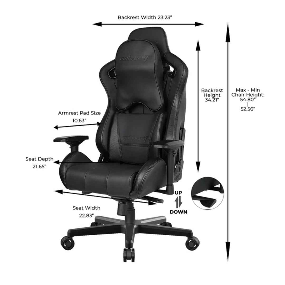 AndaSeat Dark Knight Premium Gaming Chair, Frog seat tray big memory lumbar pillow big memory headrest pillow 65mm casters black aluminum base, carbon pvc - Black