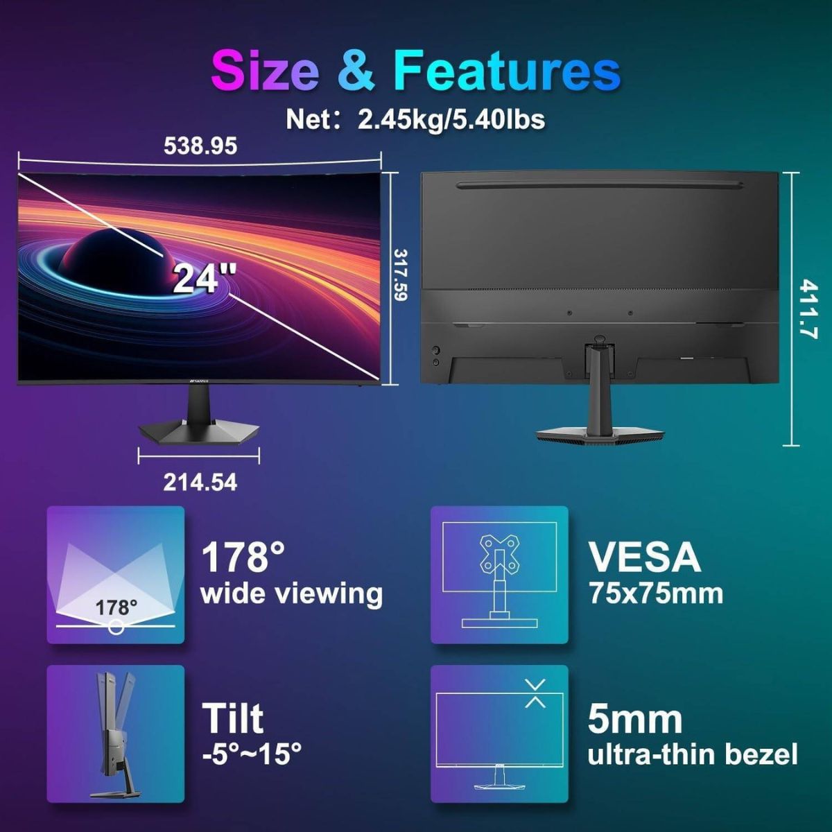 Sansui ES-24C1 24" Curved Full HD Monitor – 100Hz, 1ms (MPRT), IPS, Adaptive Sync, HDR (Black)