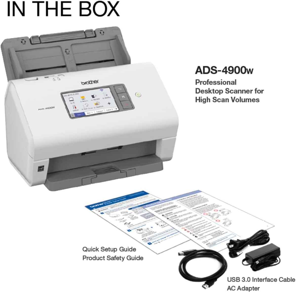 Brother ADS-4900W Professional Desktop Document Scanner, 60ppm Scanning Speed, Up to1200x1200 DPI Resolution, 4.2" Touchscreen, Auto Doc Feeder, USB 3.0, Wi-Fi & Network | 5WDE0A00173