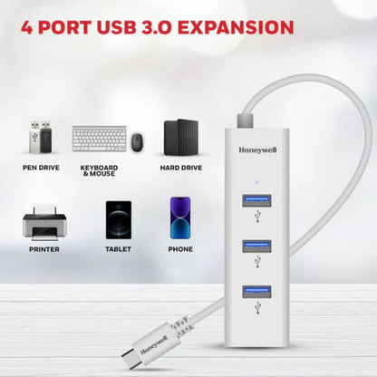 Honeywell Momentum Type C to 4xUSB 3.0 Hub, 5GBPS, Max Current 900mA per Port, Universally Compatible with All Type C- MacBook, Laptop, PC, Printer, Mobiles, Keyboard