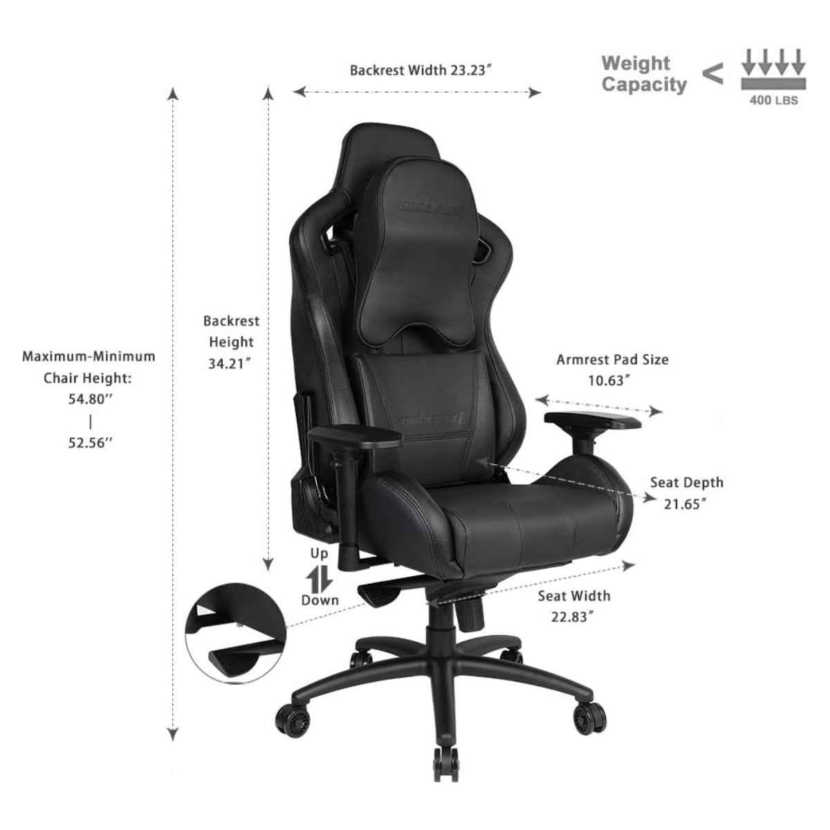 AndaSeat Dark Knight Premium Gaming Chair, Frog seat tray big memory lumbar pillow big memory headrest pillow 65mm casters black aluminum base, carbon pvc - Black