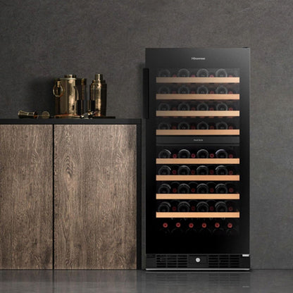 Hisense RW3N230GALF Wine Cooler, 108 Bottle Capacity, Dual Temperature Zone, Low Noise Operation, Reversible Door, Black