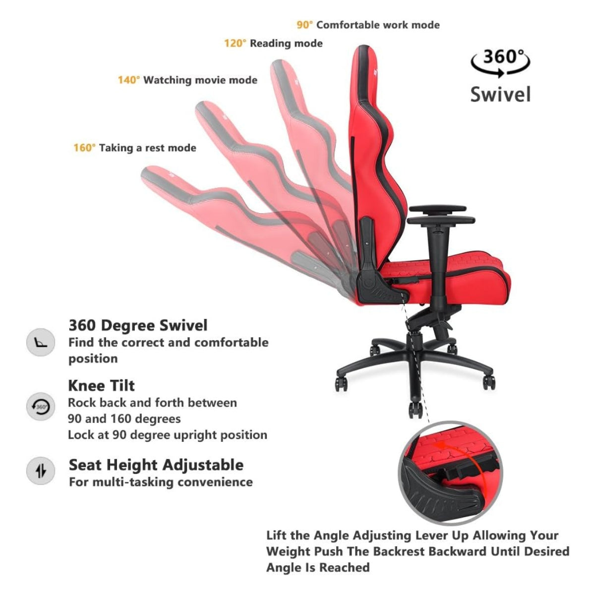 AndaSeat Spirit King Series Gaming Chair, Armrest 3D frog tray big lumbar pillow headrest pillow 65mm casters black aluminum base - Red & Black