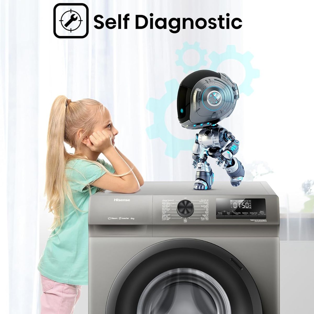 Hisense WFQP8012JTS Front Load Washing Machine, 8kg Capacity, Inverter Motor, 15 Wash Programs, 1200 RPM Spin Speed, Steam Care, White