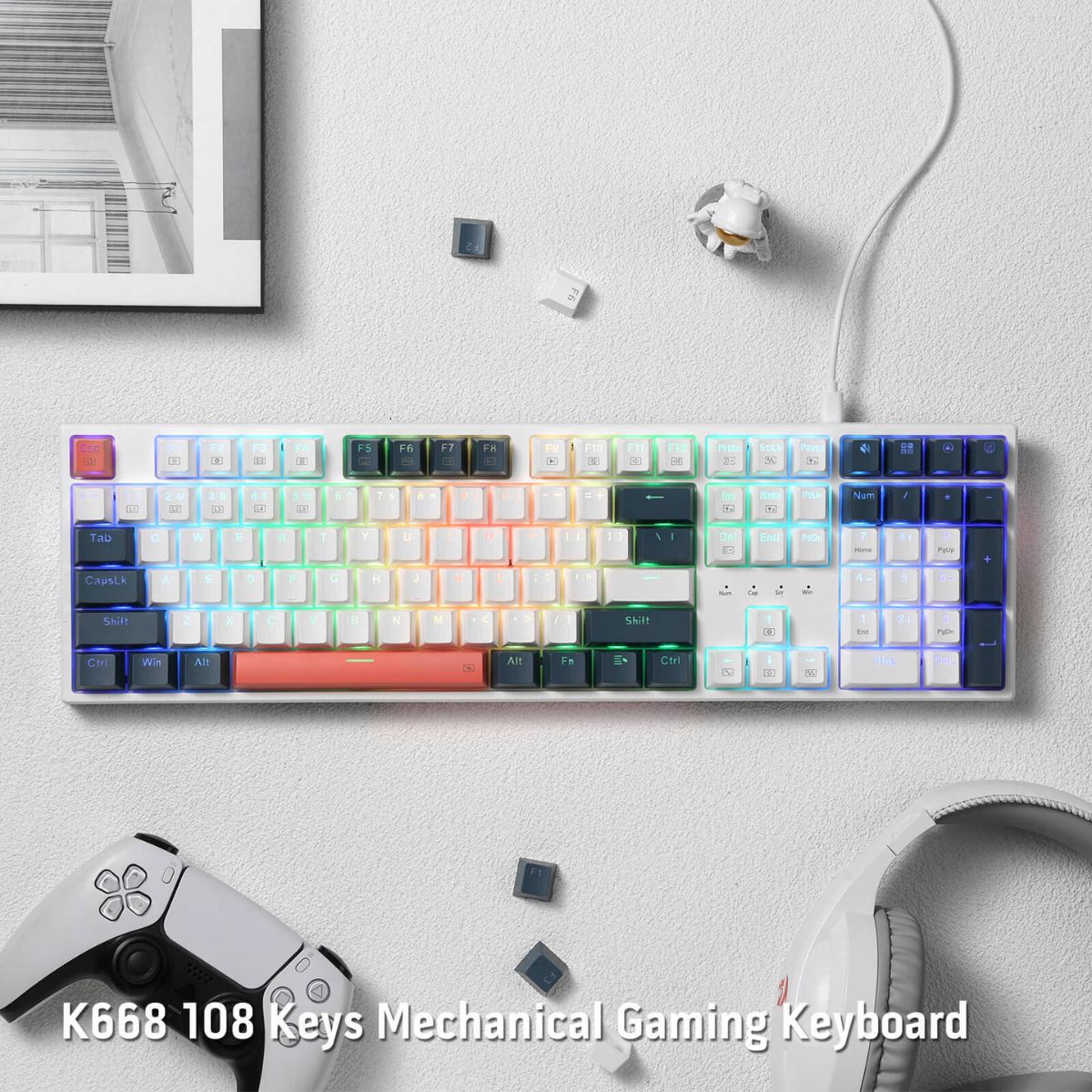 Redragon Trundle K668WBO RGB Full Size Mechanical Gaming Keyboard – 108 Keys, Hot-Swappable Red Switches, RGB, White (English Layout)