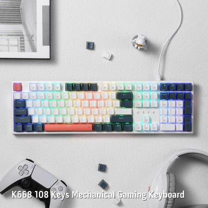 Redragon Trundle K668WBO RGB Full Size Mechanical Gaming Keyboard – 108 Keys, Hot-Swappable Red Switches, RGB, White (English Layout)