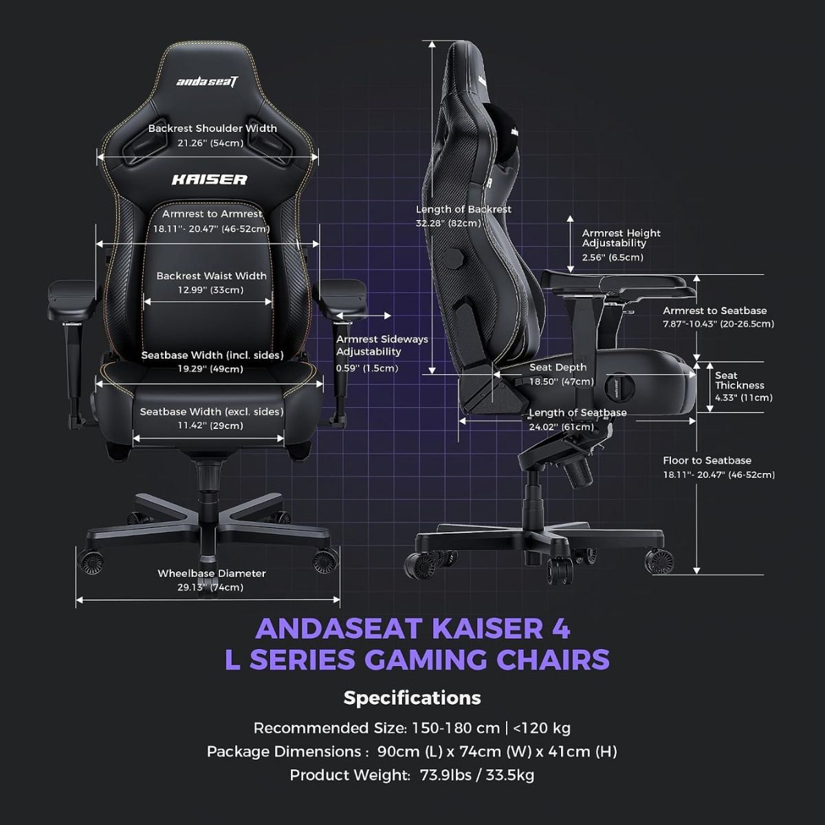 AndaSeat Kaiser 4 L Gaming Chair | Black Linen Fabric | 5D Armrests | Pop-Out Lumbar Support | 135° Recline