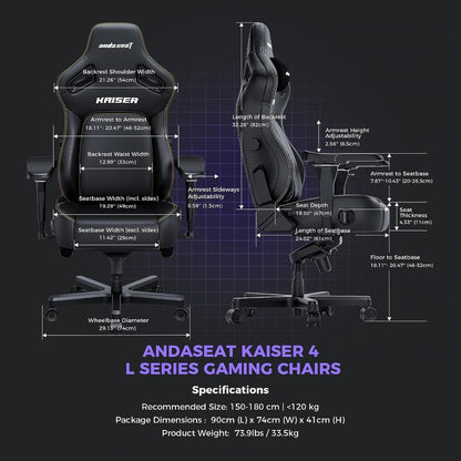 AndaSeat Kaiser 4 L Gaming Chair | Black Linen Fabric | 5D Armrests | Pop-Out Lumbar Support | 135° Recline