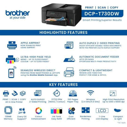 Brother DCP-T730DW Ink Tank Printer, Up to 1200 x 6000 DPI, 16 IPM Print Speed, Auto 2 Sided (Duplex) Printing, 20 Sheets Auto-Document Feeder, WiFi, WiFi-Direct, USB 2.0, Black | DCP-T730DW