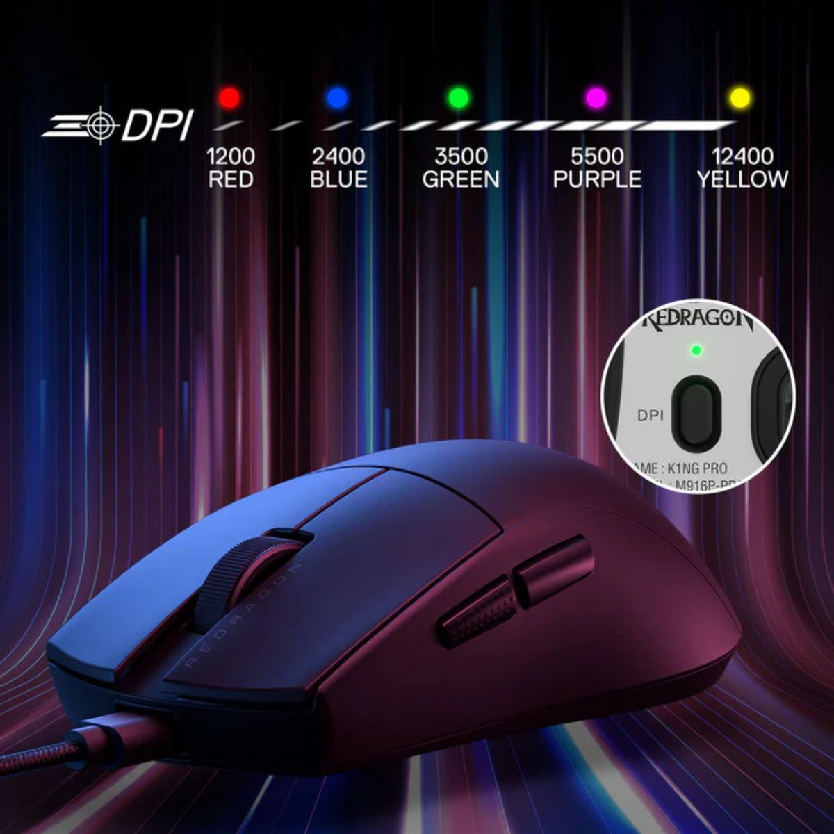 Redragon K1NG M724 Wired Gaming Mouse | 1000Hz Polling Rate | High-Precision Optical Sensor | Black / White / Pink