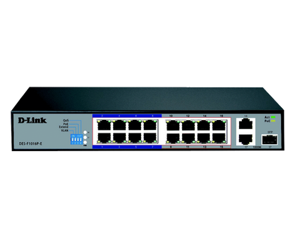 D-Link DES-F1016P-E/B 16-Port 10/100 Base-T Unmanaged PoE+ Surveillance Switch | 250m Long Range PoE | 16 PoE Ports | 2 Gigabit Uplink Ports with 1 Combo (RJ45/SFP) | 150W PoE Budget | Black