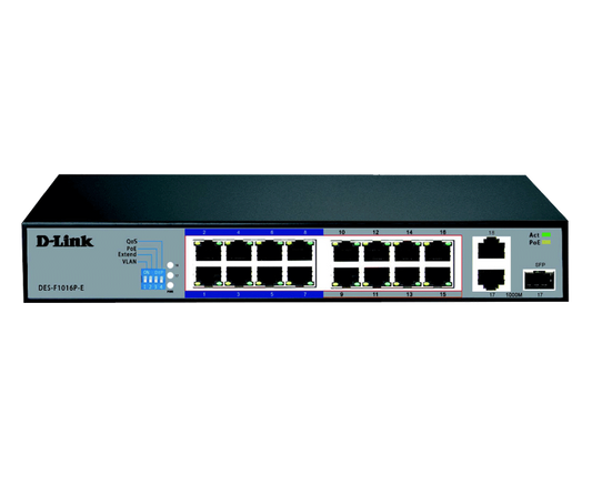 D-Link DES-F1016P-E/B 16-Port 10/100 Base-T Unmanaged PoE+ Surveillance Switch | 250m Long Range PoE | 16 PoE Ports | 2 Gigabit Uplink Ports with 1 Combo (RJ45/SFP) | 150W PoE Budget | Black
