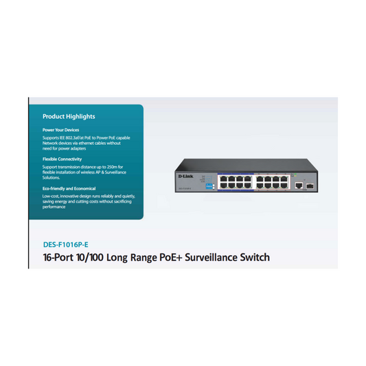 D-Link DES-F1016P-E/B 16-Port 10/100 Base-T Unmanaged PoE+ Surveillance Switch | 250m Long Range PoE | 16 PoE Ports | 2 Gigabit Uplink Ports with 1 Combo (RJ45/SFP) | 150W PoE Budget | Black