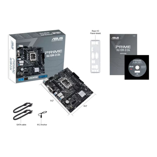 Asus Prime H610M-D DDR4 mic-ATX LGA 1700 Socket Motherboard, PCIe 4.0, M.2 slot, Realtek 1 Gb Ethernet, HDMI, D-Sub, USB 3.2 Gen 1 ports, SATA 6 Gbps, COM port, LPT header, RGB header