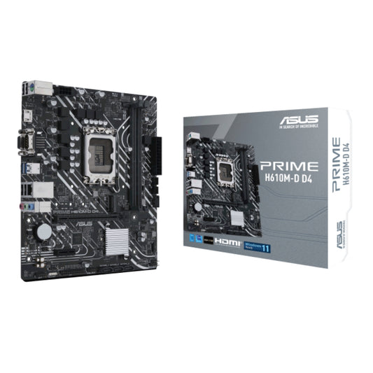 Asus Prime H610M-D DDR4 mic-ATX LGA 1700 Socket Motherboard, PCIe 4.0, M.2 slot, Realtek 1 Gb Ethernet, HDMI, D-Sub, USB 3.2 Gen 1 ports, SATA 6 Gbps, COM port, LPT header, RGB header