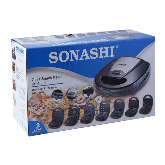 Sonashi 7-In-1 Non-Stick Multi Snacks Maker with Detachable Plates 760W, Black